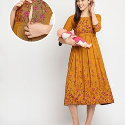 Dummy Shape Three Fourth Sleeves Floral Printed Flared Maternity Kurta With Concealed Zipper Nursing Access - Mustard-image-13
