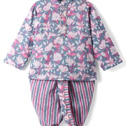 Saka Design Cotton Knit Full Sleeves Dhoti Kurta Set with Floral Print - Grey & Pink-image-73