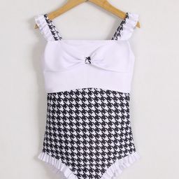 Mark & Mia Sleeveless V Cut Swimsuit with Checks Print - Black & White-image-63