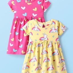 Babyhug Single Jersey Knit Half Sleeves Frock with Rabbit & Heart PrintPack of 2 - Pink & Yellow-image-45