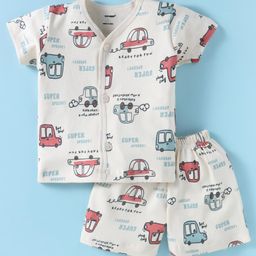CUCUMBER Sinker Knit Half Sleeves Car Print Shorts Night Suit - Cream-image-52