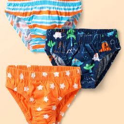 Babyhug 100% Cotton Single Jersey Knit Antibacterial Briefs With Star Stripes & Dino Print Pack Of 3 - Orange Navy Blue & Light Blue-image-85