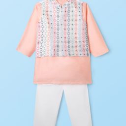Babyhug Full Sleeves Kurta Pyjama Set With Embroidered Jacket - Peach-image-10