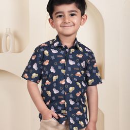 Polka Tots Cotton Half Sleeves Car Printed Shirt - Navy Blue-image-79