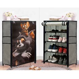 Urban Choice 4-Sheleves Durable Metal Frame Modular Shoe Rack with 100 GSM Fabric in Grey Unique Tom & Jerry Cartoon Print-picture-9