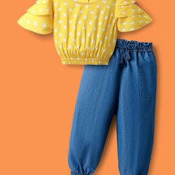 OLLINGTON ST. Woven Half Sleeves Top with Heart Print & Denim Pant - Yellow & White-image-68