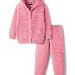 Pine Kids Knit Full Sleeves Solid Color Front Open Hooded Sweater Set - Pink-picture-24