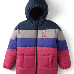 Pine Kids Woven Full Sleeves Colour Block Padded Hooded Jacket With Butterfly Embroidery - Multi Colour-picture-11