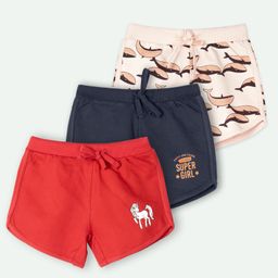 Ariel Cotton Knit Pack Of 3 Whales & Super Girl Text Printed Shorts - Peach Navy Blue & Red-image-24