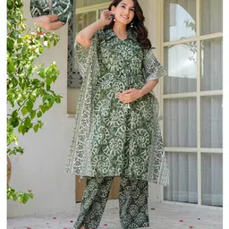Aujjessa Cotton Woven Half Batwing Sleeves Sea Shells Printed Maternity Kurti With Front Open Nursing Access & Coordinating Pant Set - Olive Green-picture-36
