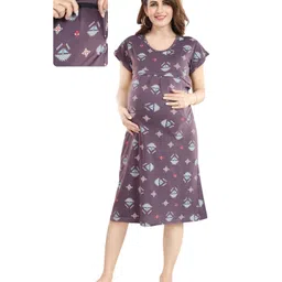 Fabme Pure Cotton Knit Half Sleeves Abstract Printed Maternity Nighty With Horizontal Zipper Nursing Access - Purple-picture-2