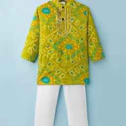 teentaare Teentare Cotton Woven Full Sleeves Kurta Pajama Set With Bandhani Print - Lime Green & White-picture-4