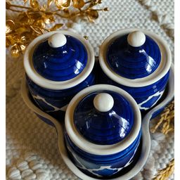 Niyara Multipurpose Storage Ceramic Pickle set Jars & with Lid & tray (Set of 3, 300 ML) (Blue) image 2
