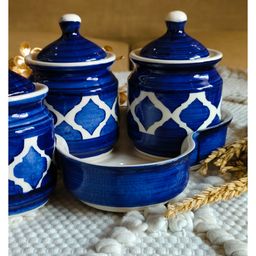 Niyara Multipurpose Storage Ceramic Pickle set Jars & with Lid & tray (Set of 3, 300 ML) (Blue) image 3