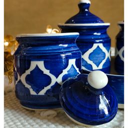 Niyara Multipurpose Storage Ceramic Pickle set Jars & with Lid & tray (Set of 3, 300 ML) (Blue) image 4