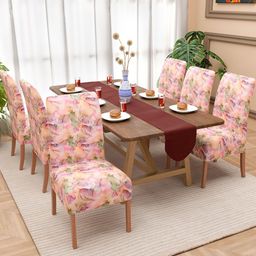 Kuber Industries Set Of 6 Pink & Green Printed Stretchable Chair Covers-picture-3