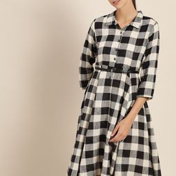 her by invictus Women Black & Cream-Coloured Checked Pure Cotton A-Line Dress-image-62