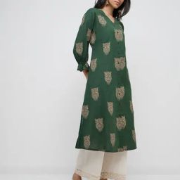 Utsa by Westside Green Bird Printed A-Line Cotton Blend Kurta-image-26
