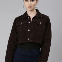 SHOWOFF Brown Relaxed Fit Crop Denim Jacket-image-55