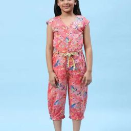 Biba Kids Pink & Yellow Cotton Printed Jumpsuit with Belt-image-18