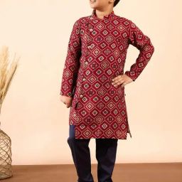 StyloBug Boys Red Cotton Printed Kurta Set-image-93