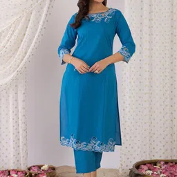 Indo Era Floral Yoke Design Thread Work Pure Cotton Kurta With Trousers-image-26