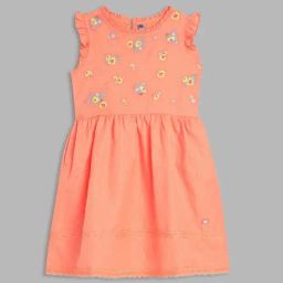 Blue Giraffe Girls Peach Cotton Embroidery Dress-image-76