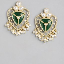 Anouk Gold-Plated Artificial Stones Studded And Beaded Triangular Shaped Drop Earrings image 3