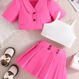 INCLUD Girls Lapel Collar Top With Camisole Top And Pleated Skirts Set-image-26