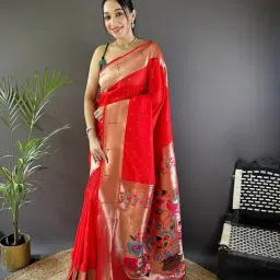 Elora Red Silk Zari Weaving Saree With Unstitched Blouse-picture-6