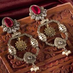 Priyaasi Red Ruby Oxidized Contemporary Drop Earring-20