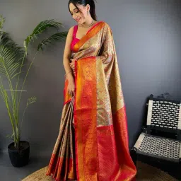 Elora Copper Dharmavaram Silk Zari Weaving Saree With Unstitched Blouse-image-101