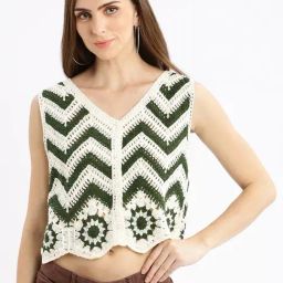 SHOWOFF Green & White Self Design Crop Shrug-34