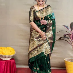 KALINI Ethnic Motifs Zari Silk Blend Banarasi Saree-picture-57
