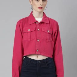 SHOWOFF Fuchsia Relaxed Fit Crop Denim Jacket-picture-11