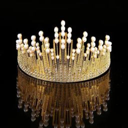 Peora Gold Cubic Zirconia & Pearl Studded Princess Tiara Hair Band-image-13