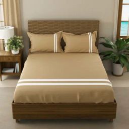 Nautica Coastal Stripe Brown Cotton 500 TC Super King Size Bedsheet With 2 Pillow Covers-image-94