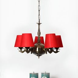 Devansh Red Conical Cotton shade with Antique Golden Chandelier Metal Ceiling Lamp-16