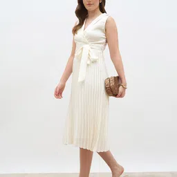 Styli Lapel Collar Accordion Pleats Tie-Up Wrap Midi Dress-image-59