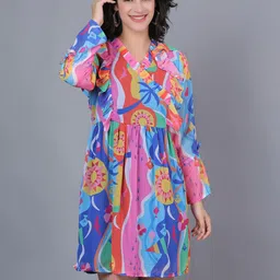 ROSEMELON Women Abstract Print Georgette Ruffles A-Line Dress-picture-10