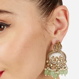 Zaveri Pearls Gold-Plated Stones Studded & Beaded Oval Shaped Drop Earrings-picture-3