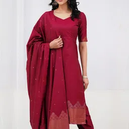 DIVASTRI Ethnic Motifs V-Neck Chanderi Cotton Straight Kurta With Trousers & Dupatta-51