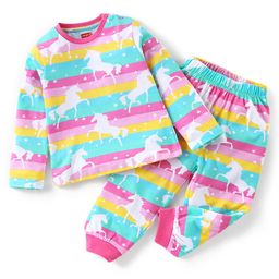 Babyhug Cotton Knit Single Jersey Full Sleeves Night Suit With Striped & Unicorn Print - Pink & Blue-image-61