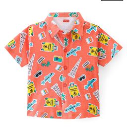 Babyhug 100% Cotton Knit Half Sleeve Shirt With Travel Theme Print - Peach-image-92