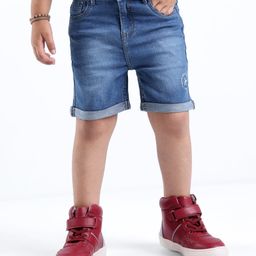 Babyhug Cotton Blend Knee Length Denim Shorts With Stretch Airplane Print - Blue-image-54