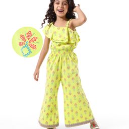 Earthy Touch Cotton Knit Sleeveless Floral Printed Top & Palazzo Set - Lime Green-image-83