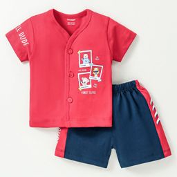 CUCUMBER  Sinker Knit Half Sleeves Nightsuit with Animal & Text Print  - Red-image-46