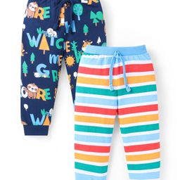 Babyhug Cotton Knit Full Length Text Printed Lounge Pants Pack of 2 - Navy Blue & Light Blue-image-33