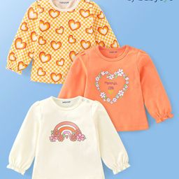 Babyoye Knitted Full Sleeves Top Heart & Floral Print Pack of 3 - Multicolour-image-69