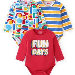 Babyhug 100% Cotton Knit Full Sleeves Striped & Text Printed Onesies Pack of 3 - Red & White-image-32